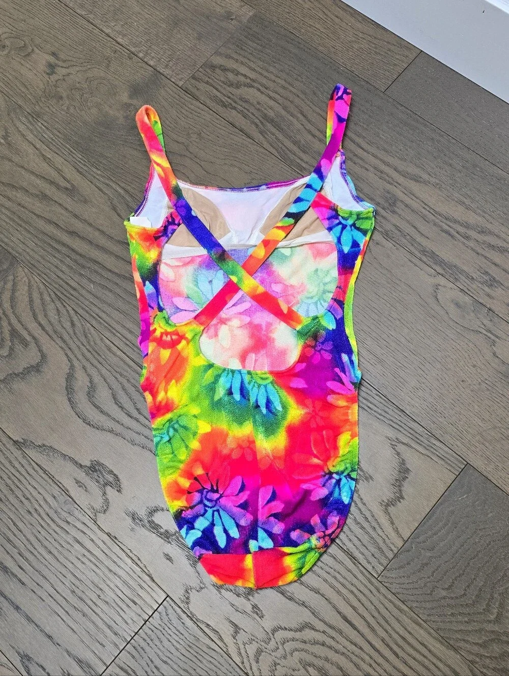🆕️ Vintage Electric Beach by Jantzen Neon Floral High Cut One Piece Swimsuit